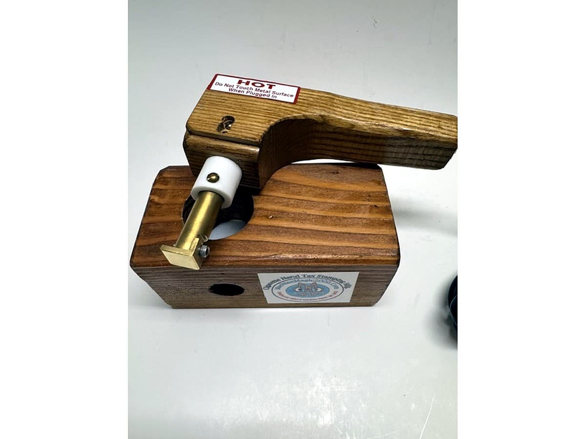 MM 4 wood handle single stamp iron in its wooden stand with the brass single-stamp tip
